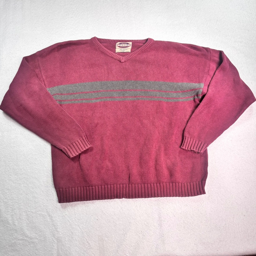 Vintage Sonoma Cotton Knit Sweater XL Pink Gray Stripe V Neck Grandpa Core 90s